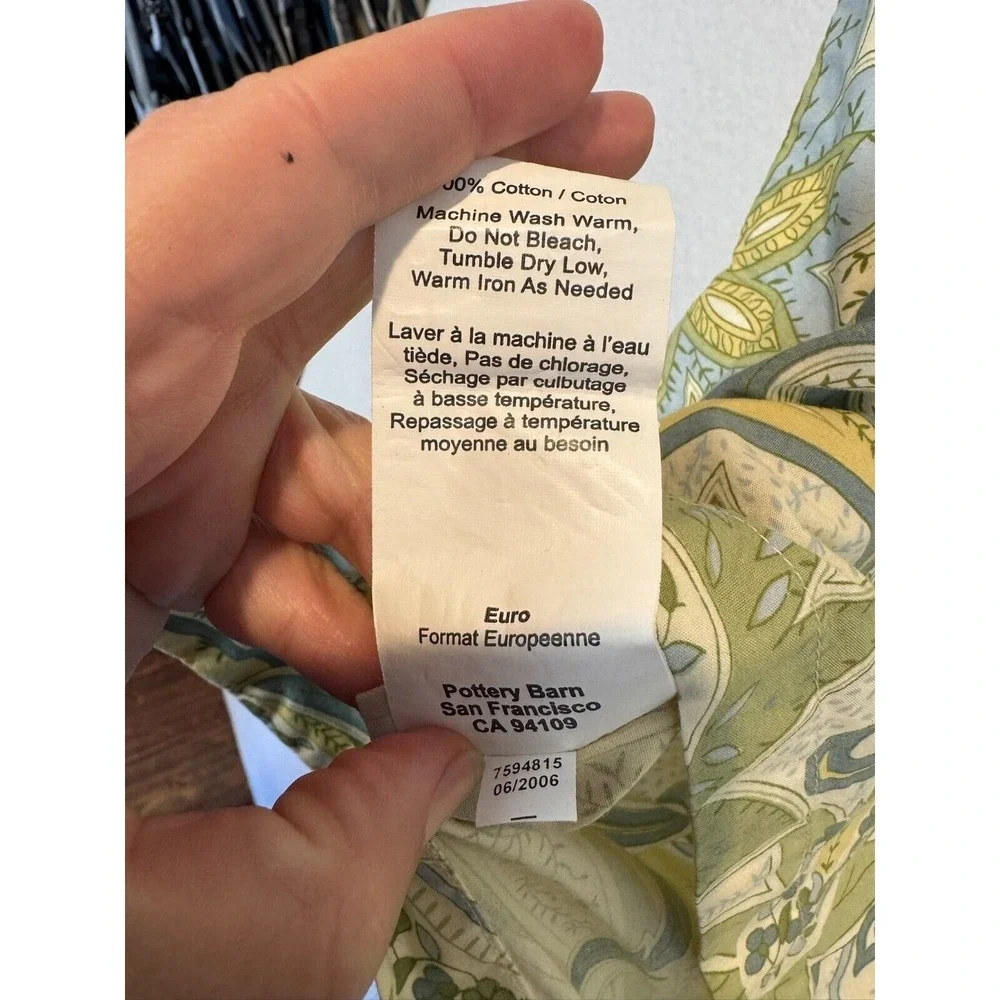 Pottery Barn Single Euro Sham Paisley 100% Cotton Cottage Home Green Yellow Blue